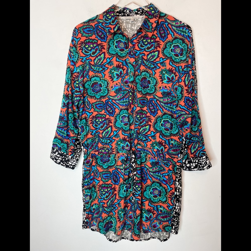 Rachel Roy long sleeve button up blouse and shorts colorful print Romper M